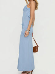 Blue Knit Spaghetti Strap Crochet Flower Maxi Dress
