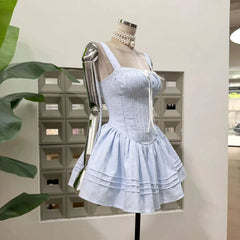 Embroidery Lace-up Crossover Strap Mini Dress