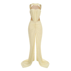 Yellow Patchwork Ruched Slit Wrap Around Sleeve Midi Dress