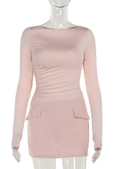 Round Neck 3-piece Long Sleeve T-shirt Mini Skirt Set