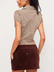Brown Plaid Puff Sleeve Shirt