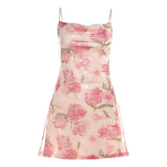 Pink Floral Print Cowl Strap Mini Dress