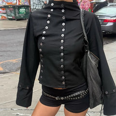 Black Stand Collar Button Up Desgin Jacket