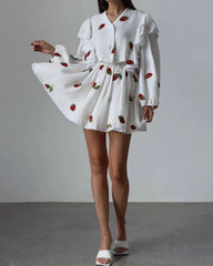 White Printed Ruffle Long Sleeve Shirt And Shorts Set