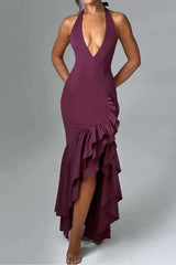 Deep V-neck Ruffles High Split Maxi Dress