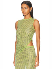 Green O Neck Sleeveless Crystal Top And Mesh Midi Skirt Set