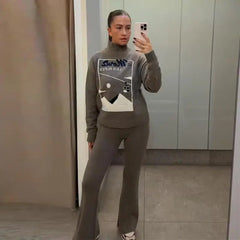 Grey High Neck Skit Printed Sweater