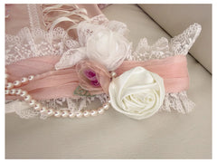 Pink Lace Up Strapless Bow Pearl Desgin Tiered Mini Dress