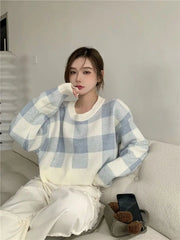 Plaid Loose O-Neck Short Sweater