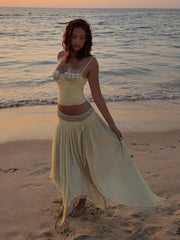 Yellow Diamonds Lace-up Top And Irregular Hem Midi Skirt Set