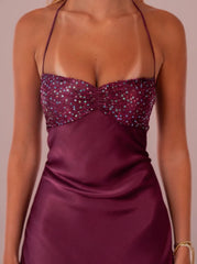 Sequin Strap Lace Up Back Satin Maxi Dress