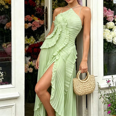 Spaghetti Strap Pleated Irregular Ruffle Desgin Long Dress