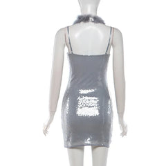 Silver Sequin Spaghetti Strap Fur Chocker Bodycon Mini Dress