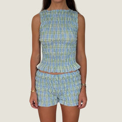 Elastic Plaid Ruched Crop Top And Shorts Set