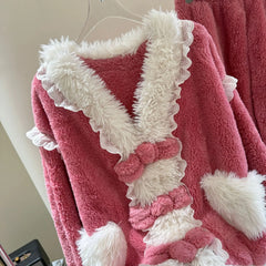 Pink Fur Plush Shirt And Pants Sleepwear Set