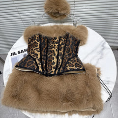 Leopard Print Sequin Fishbone Tank Top And Plush Short Skirt Set