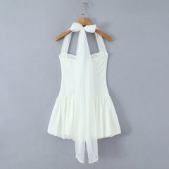 White Satin Tie Bow Halter Sling Mini Dress