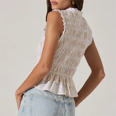 Sleeveless V-Neck Bow Smocked Crop Top