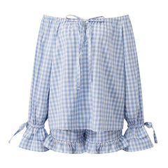 Plaid Off Shoulder Tops And Ruffle Shorts Set