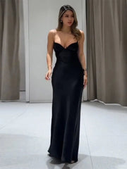 Satin Solid V-neck Strap Maxi Dress