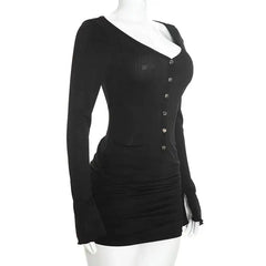 Long Sleeve Ribbed Button Up Ruched Waist Bodycon Mini Dress