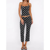 Black Polka Dot Halter Tank Top and Cropped Leggings Set