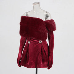 Red Fur Collar Long Sleeve Velvet Diamond Mini Dress