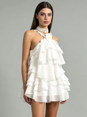 Halter 3D Flower Tiered Ruffle Mini Dress