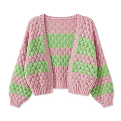 Color Block Long Sleeve Knit Short Cardigan