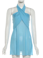 Blue Mesh Halter Bandage Mini Dress