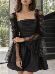 Black Satin Sheer Long Polka Dot Sleeves Mini Dress