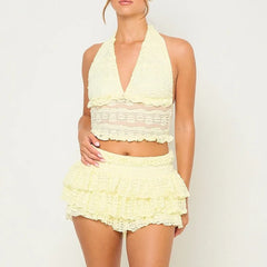 Lace Tie-Up Halter Neck Top & Elastic Waist Mini Skort Set - Sweet Style