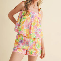 Floral Print Sleeveless Tie Up Tops with Shorts Sleepwear Set