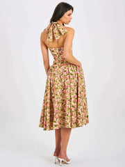 Floral Printed Neck Mounted A-line Midi Dress