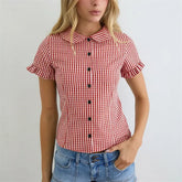 Plaid Peter Pan Collar Short Ruffle Sleeve Button Down Blouse