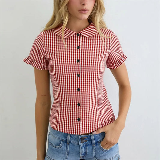 Plaid Peter Pan Collar Short Ruffle Sleeve Button Down Blouse