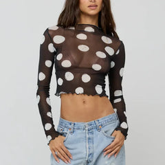Sheer Printed Long Sleeve Crop Top