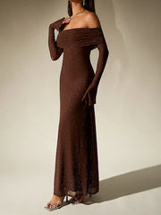 Off-Shoulder Flared Long Sleeve Sequined Maxi Dress