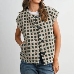 Fleece Plaid Pattern Full Button Down Vest with Pockets