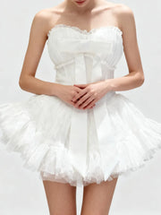Bowknot Strapless Lace Tulle Mini Dress