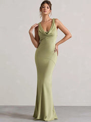 Satin Cowl Neck Backless Maxi Dress