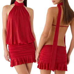 Red Halter Open Back Ruffle Hem Mini Dress