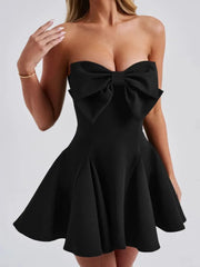 Large Bow Strapless Flare Mini Dress