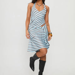 Blue Striped Sleeveless Halter Neck Tank Tops And Asymmetric Midi Skirt Set