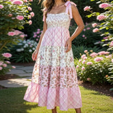 Pink Floral Plaid Tie-Shoulder Smocked Tiered Maxi Dress