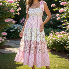 Pink Floral Plaid Tie-Shoulder Smocked Tiered Maxi Dress