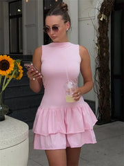 Solid Sleeveless Tiered Ruffle Mini Dress