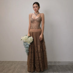 Jacquard Patchwork See Through Top And Long Skirts Set