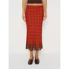 Polka Dot Sheer Lace Trim Satin Long Skirt