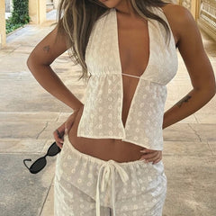 White Jacquard Eyelet Halter Crop Deep Neck Tie Up Top
